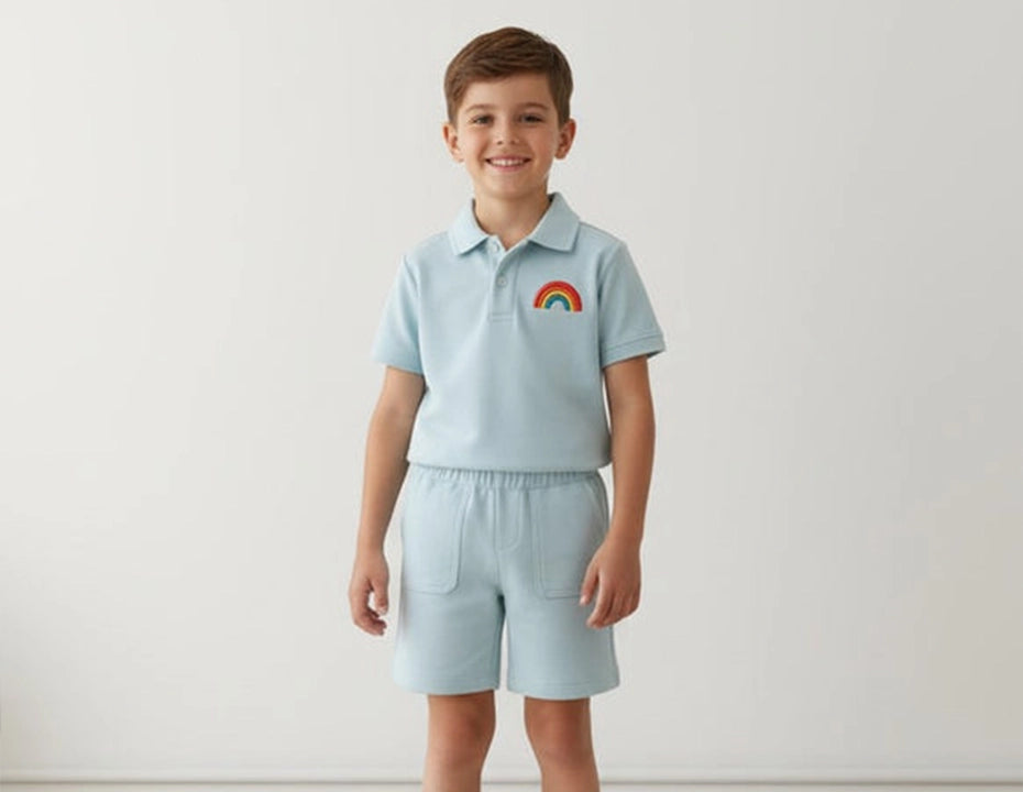 Kids Sky Blue Polo & Shorts Set with Rainbow Patch