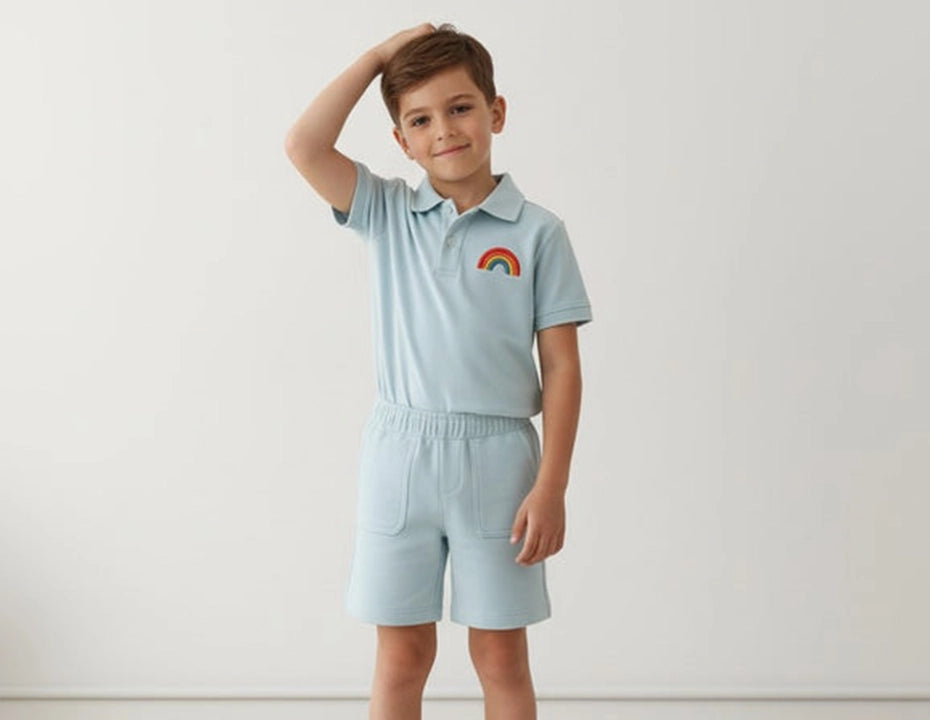 Kids Sky Blue Polo & Shorts Set with Rainbow Patch