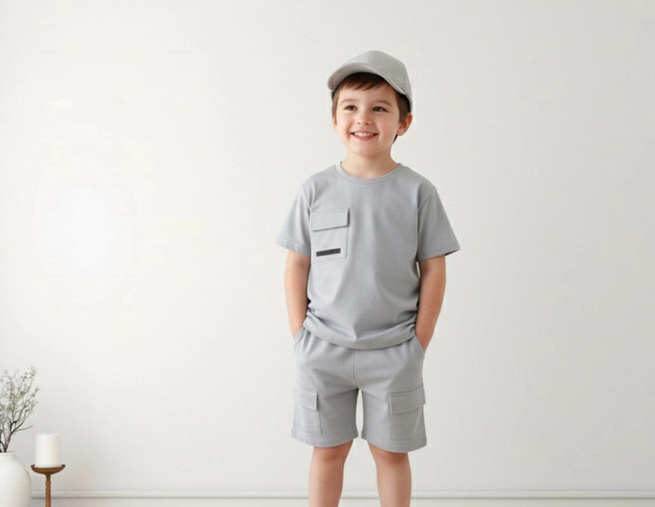 Kids Light Grey Pocket Shorts Set